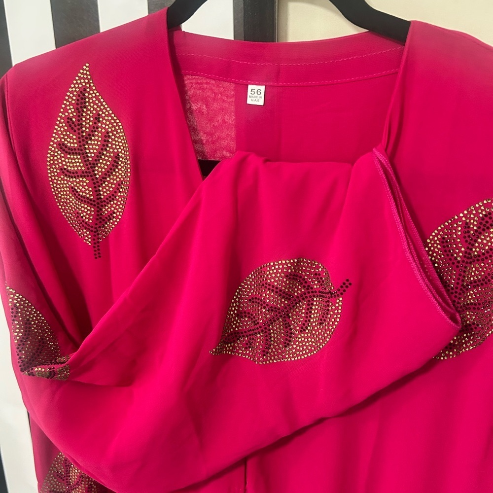 Vibrant Pink Abaya with matching scarf green/black Leaf Accents